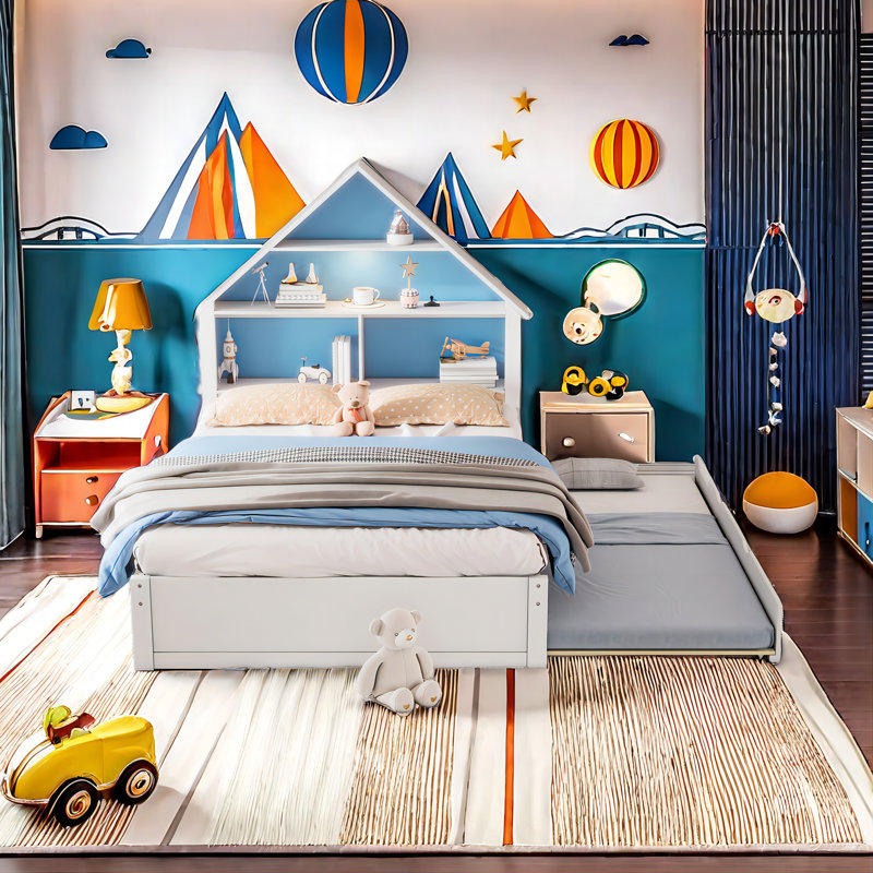 August Grove House Shaped Bed With Bookcase Headboard And Led Light And Trundle Wayfair